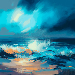 An abstract digital painting of a seascape with crashing waves