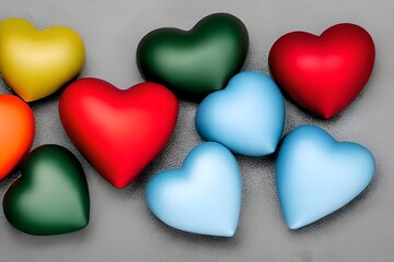 Obraz premium Valentine's day concept. Flat lay composition with bright colored hearts, on gray background. Generative AI technology
