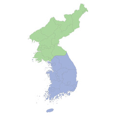 High quality political map of South Korea and North Korea with borders of the regions or provinces