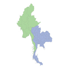 High quality political map of Thailand and Myanmar with borders of the regions or provinces