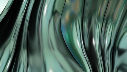Green Plate like a flowing river of metal flowing from the top right Abstract, dramatic, modern, luxurious and upscale 3D rendering graphic design elemental background material.