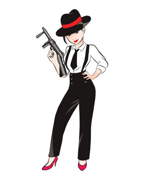 Woman mafia standing on white background. wear hat and hold gun. vector illustration isolated cartoon hand drawn background