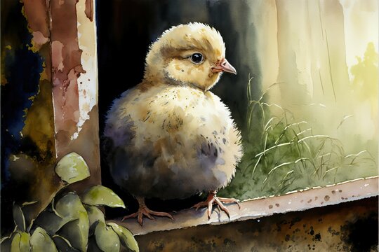 Cute chick in the farm. Watercolor painting of chicken farm animals. Generative AI