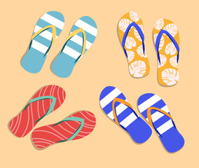 Set, collection of cute colorful flip flops with different ornaments, patterns for summer design.