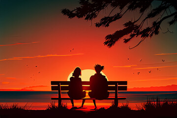 Fototapeta na wymiar cartoon male and female couple watching the sky at dusk