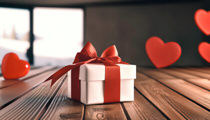 A white Gift box with red bow ribbon and hearts on wooden table for Valentines day, birthday, mother's day. background, wallpaper, banner with space for design. Generative AI	