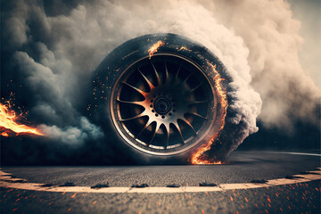 Car wheels smoke and burn after driving at high speed, AI digital illustration.