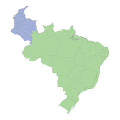 High quality political map of Brazil and Colombia with borders of the regions or provinces