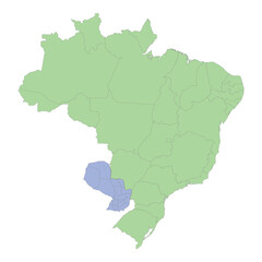 Obraz premium High quality political map of Brazil and Paraguay with borders of the regions or provinces