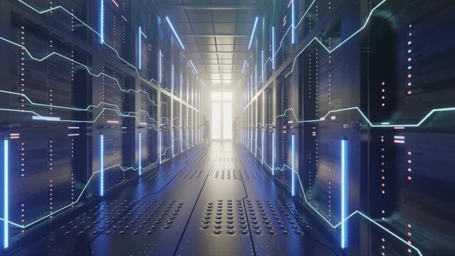 Data centers with people working are technology-connected and mining AI. Server racks in computer network security server room data center. Shot of Corridor in Working Full of Rack
 3d rendering