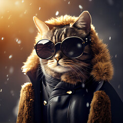 chic cat charisma wearing coat, wearing sunglasses, funny, fashion, pic as wallpaper, poster, t shirt and others
