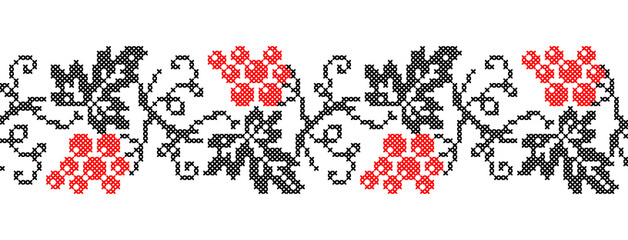 Grape branch vector background, border. Ukrainian traditional embroidery of grape border in red and black colors. Pixel art, vyshyvanka, cross stitch