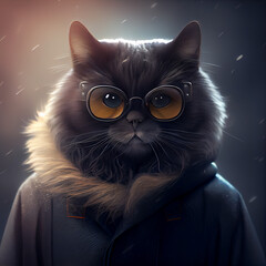 chic cat charisma wearing coat, wearing sunglasses, funny, fashion, pic as wallpaper, poster, t shirt and others