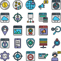 Web And SEO vector icons set, web and SEO icons set, web icons set, SEO icons set, web and SEO symbols, marketing icons set, web and SEO icons collection, Web And SEO Fill Colored icons set