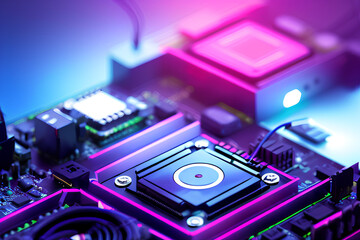 Digital concept art of computer motherboard, cyberpunk style. Made with generative AI and retouched by hand.