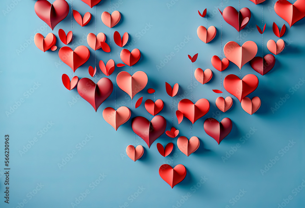 Wall mural red paper hearts on a blue background. valentine's day concept. 3d rendering