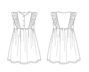 girl button front,ruffle dress technical drawing vector