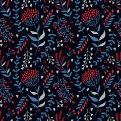 Seamless vector pattern of twigs and berries in retro style on a dark background. Floral ornament with blue twigs and red berries on a dark background for textiles