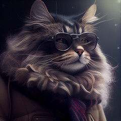 chic cat charisma wearing coat, wearing sunglasses, funny, fashion, pic as wallpaper, poster, t shirt and others