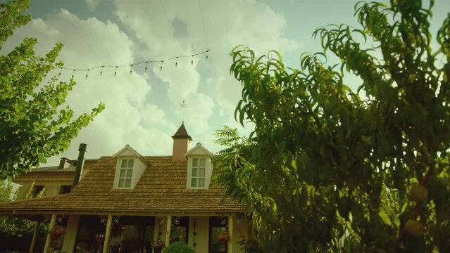 Beautiful cosy village house with trees , lawn , weathervane and mailbox . Dolly movement shot of vintage countryside home at sunny daytime . Retro designed mail box outside . Close up 