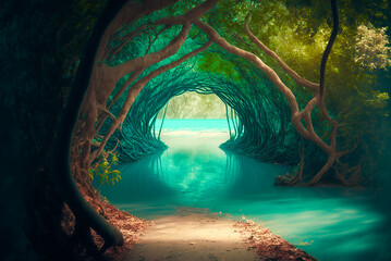Fantasy jungle landscape of turquoise tropical.generative Ai