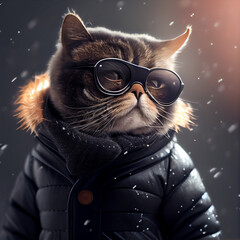 chic cat charisma wearing coat, wearing sunglasses, funny, fashion, pic as wallpaper, poster, t shirt and others