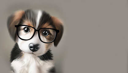 Fototapeta illustrazione creata con intelligenza artificiale di simpatico cucciolo di cagnolino con occhiali da vista, luci di studio, libri, cane che legge, cultura obraz
