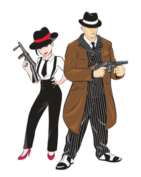 Man and Woman mafia standing on white background. wear hat and hold gun. vector illustration isolated cartoon hand drawn background
