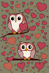 Cute little owl with colorful hearts. Cartoon Style. Generative AI