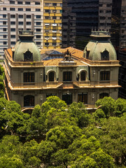 Aerial view in details of the historic building that host the Federal Justice Cultural Center., Cinelândia square, downtown Rio de Janeiro.