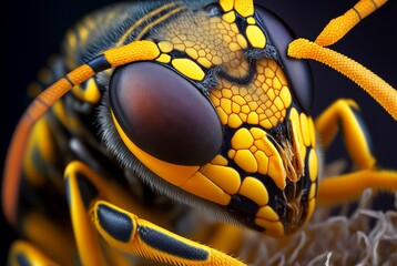 Ultra extreme macro of wasp (Vespula vulgaris) head on black background. Extreme macro of structure and surface of wasp head. Front view of wasp head, extreme closeup. Generative AI.