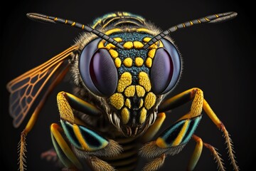 Ultra extreme macro of wasp (Vespula vulgaris) head on black background. Extreme macro of structure and surface of wasp head. Front view of wasp head, extreme closeup. Generative AI.