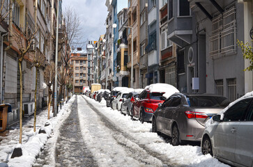 snow on the streets of Bomonti district in Istanbul, Turkey