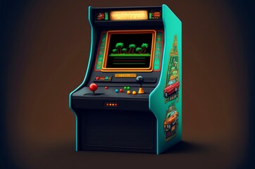 Retro arcade game machine on dark background. Vintage multi video game arcade machine. Generative AI.