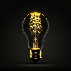 Clear incandescent glowing light bulb isolated on black background. Turned on realistic glass electric incandescent golden glowing light bulb. Lit light bulb. Generative AI.