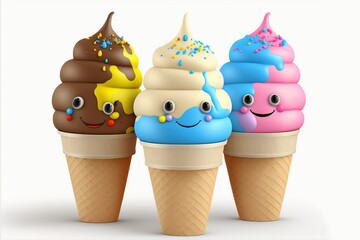 Illustration of cute cartoon happy ice creams with smiling face on white background. Set of painted cute three smiling ice creams. Generative AI.