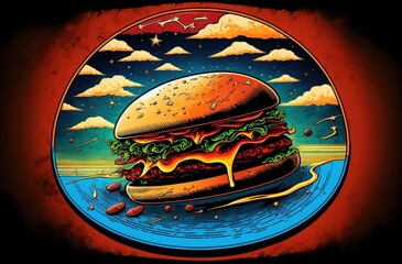 A comic style painting of hamburger. Abstract color hamburger painting. Generative AI.