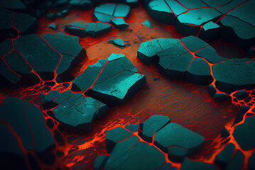 Dark orange green abstract background stone surface with cracks. Generative AI.