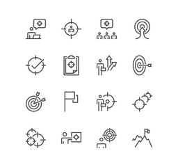 Set of target and goal related icons, achievement, business goal, mission path and linear variety vectors.