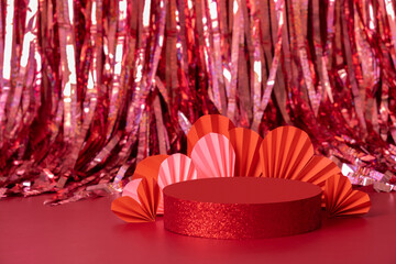 Valentines day podium background. Mock up podium stage or pedestal and paper hearts