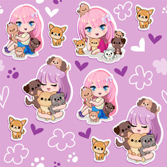 Cute cartoon anime girls with little kittens and dogs seamless pattern on a purple background. Vector illustration print in kawaii style