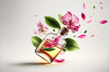 flying perfume bottle with flowers flying around on white background