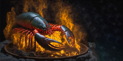 Large lobster half cooked on an open flame,  generative AI