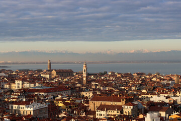 Venice city from above. Beautiful panoramic view of Italian city. Golden hour photo of Italy. Romantic tourist destination concept. 