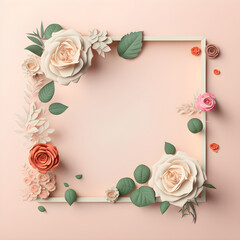 Fototapeta na wymiar Romantic Blank Rose Floral Frame on Beige Background Background with Copy Space, created by Generative AI