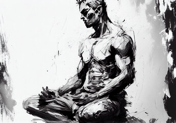 Meditation yoga, men figure sketch art for artist creativity and inspiration. Generative AI.