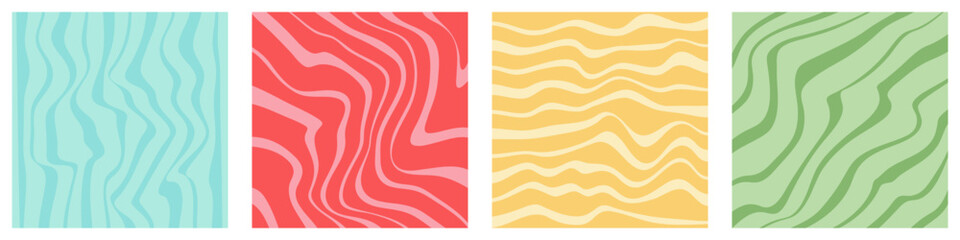Fototapeta na wymiar Wavy lines square templates set. 1970 retro groovy liquid lines background. Swirl psychedelic trippy textures. Aesthetic electric inspired strips. Vector illustration.