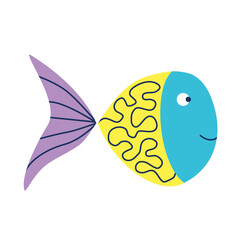 Fantasy yellow blue fish. Doodle kids naive zentangle patterned funny sea ocean marine character. Hand drawn nursery baby decor print. Vector illustration.