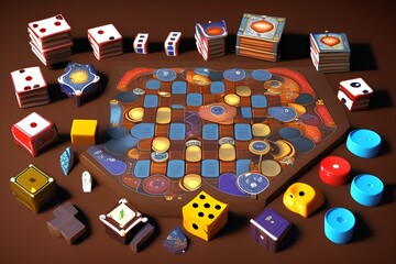 A variety of board game pieces. A background miscellaneous board game pieces - generative ai