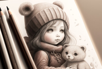 cute sketches, designe, little girl, drawing pencil, character creation, generative ai